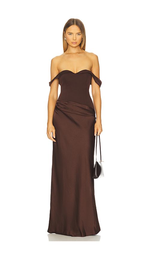 Runaway The Label Ebony Off Shoulder Maxi Dress in Chocolate. XS also in L