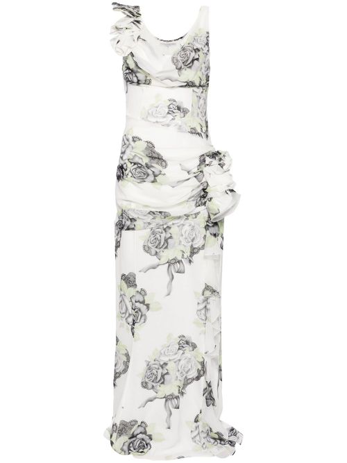 Rose-print silk gown - White