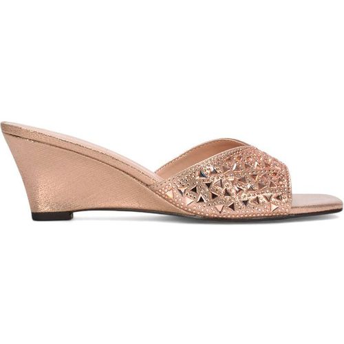 XY London Women's 'Georgia' Wedge Heel Diamante Square Peep Toe Heeled Mule Sandals in Rose Gold