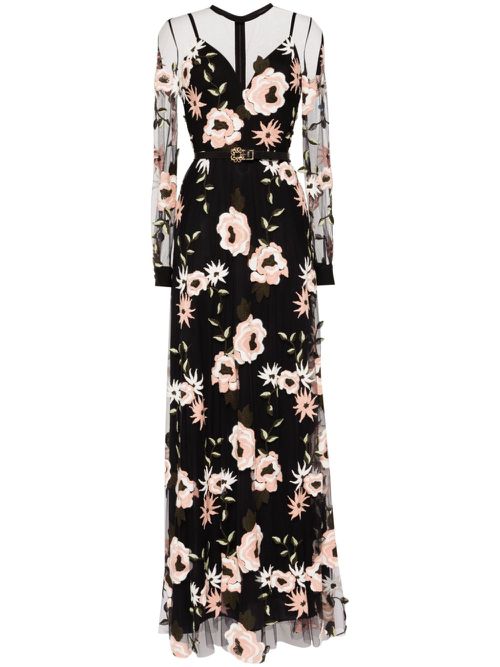 Floral-embroidered tulle dress - Black
