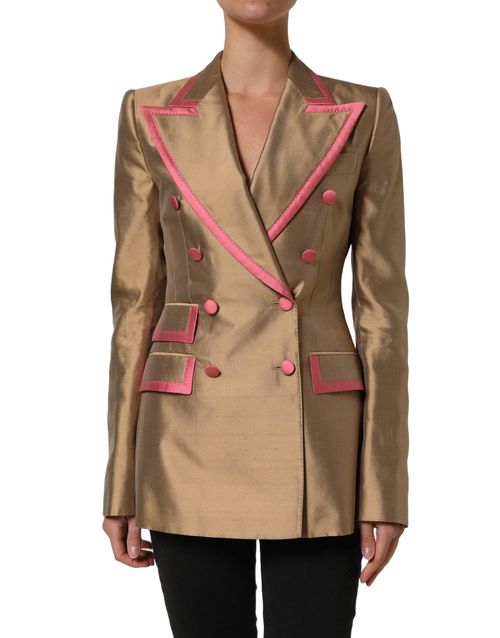 Silk Double-Breasted with Piped Trim Blazer — Gold