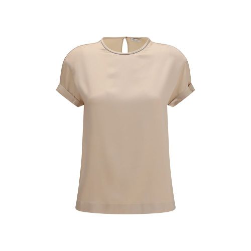 Silk Monili-Embellished Blouse — Beige