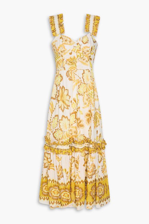 Ruffled floral-print Swiss-dot cotton midi dress - Yellow - XL