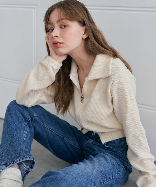 Two-way collar knit zip-up cardigan 