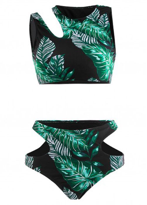 Modlily Cut Out Mid Waisted Leaf Print Black Bikini Set
