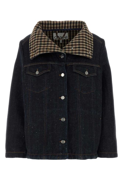 Checked Collar Denim Jacket — Navy