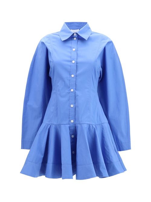 Cotton Balloon Skirt Shirt Dress — Blue