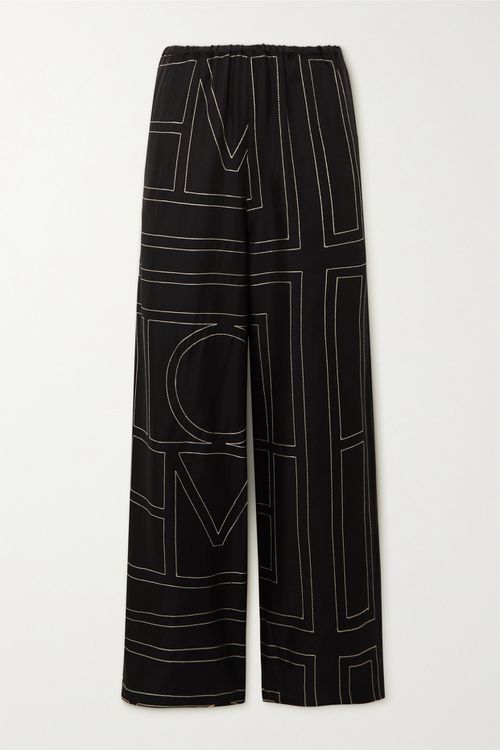 Embroidered Silk-twill Wide-leg Pants - Black