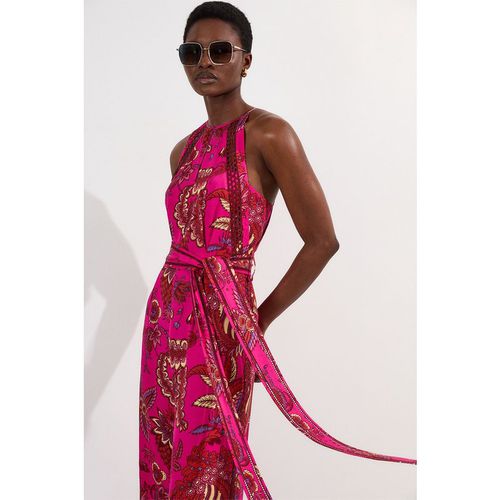 Karen Millen Women's Viscose Floral Print Linen Lace Trim Insert Woven Halter Neck Jumpsuit in Fuchsia
