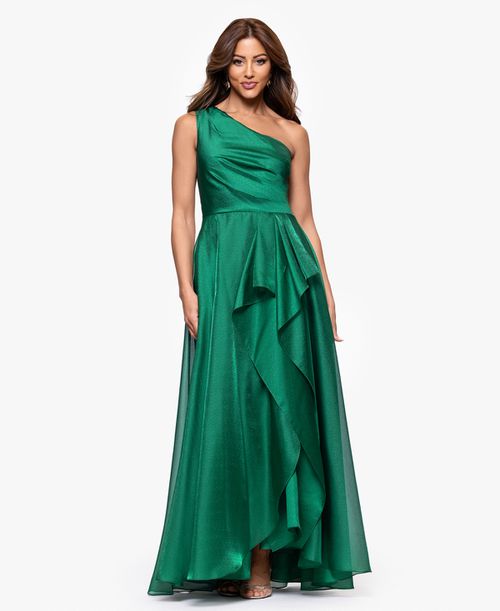 Women's Metallic Draped One-Shoulder Gown - Green