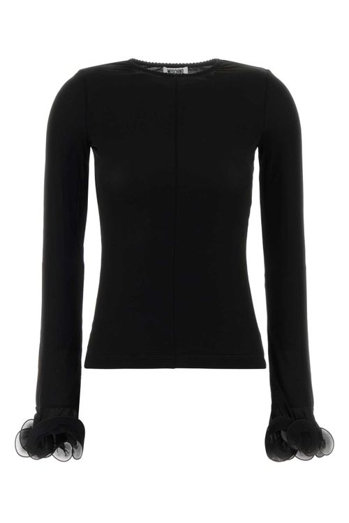 Tulle-Ruffle Cuff Jersey Blouse — Black