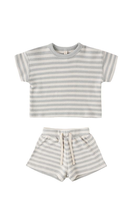 QUINCY MAE Waffle Tee & Short Set in Sky Stripe. 12-18M also -24M