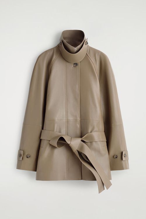 Funnel-Neck Short Leather Trench Jacket