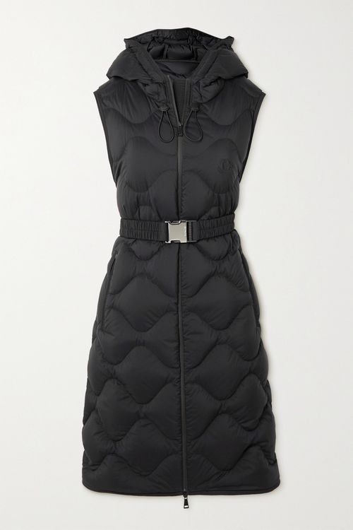 Liveche Belted Hooded Quilted Shell Down Vest - Black - 2