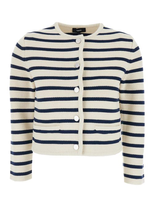 White Crewneck Sriped Cardigan In Cotton Woman