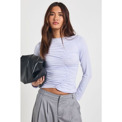 Boohoo Womens Asymmetric Ruched Detail Long Sleeve Top - Pale Blue