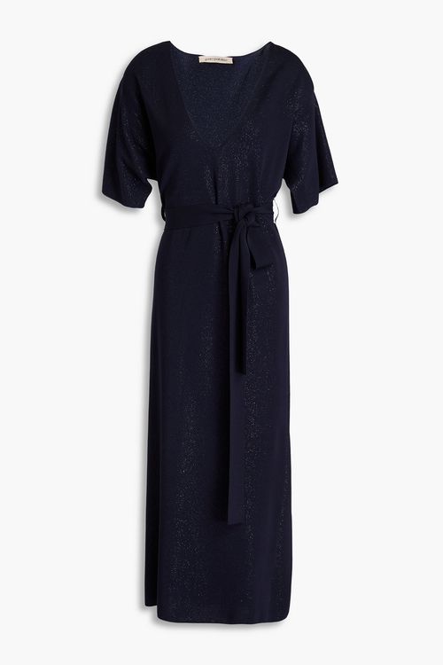 Belted metallic knitted midi dress