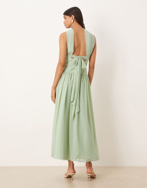 Scarf tie back dropped waist midi dress in sage green