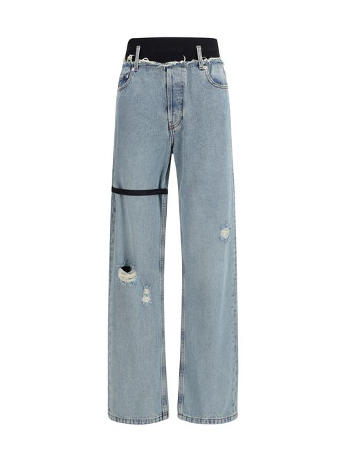 Distressed High-Waisted Denim Jeans — Blue