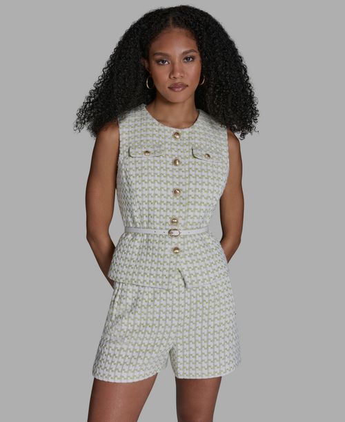 Women's Button-Front Belted Vest - Whisper White Multi