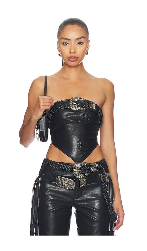 Markgong Faux Leather Floral Imprinted Tube Top With Detachable Belt in Black. - 36/4 also