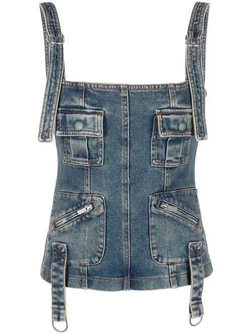 Multiple-pocket denim corset top - Blue