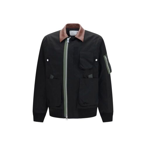 Leather-Trim Cotton Bomber Jacket — Black