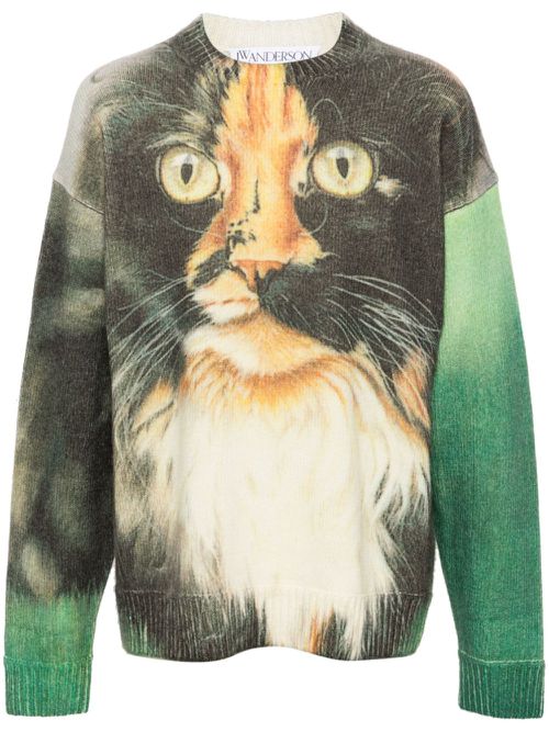 Green Cat-Print Knitted Sweater - Men's - Polyamide/Wool/Cashmere