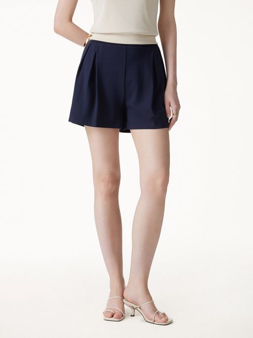 Stretch Ponte Pleated Wide Leg Shorts - Light Navy