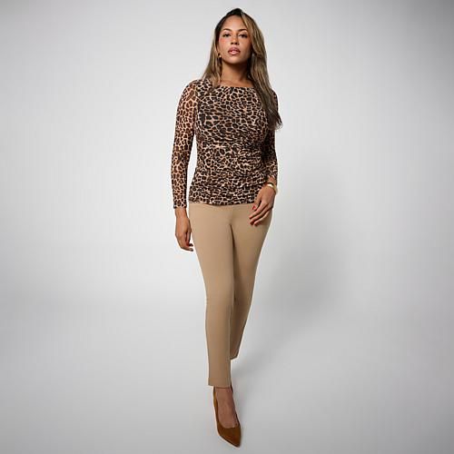 Powermesh Angled Rouched Long Sleeve Top - Tan