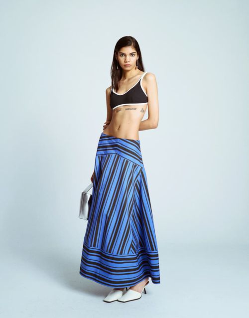 Drop waist spliced maxi skirt in blue stripe-Multi