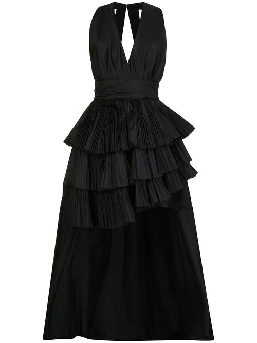 Pleated plunge-neck silk dress - Black