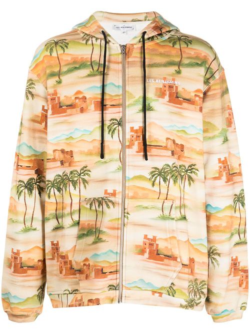 Graphic-print zip-up hoodie - Brown
