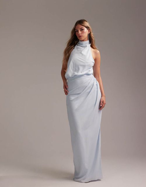 ASOS DESIGN draped halter column crepe maxi dress in light blue
