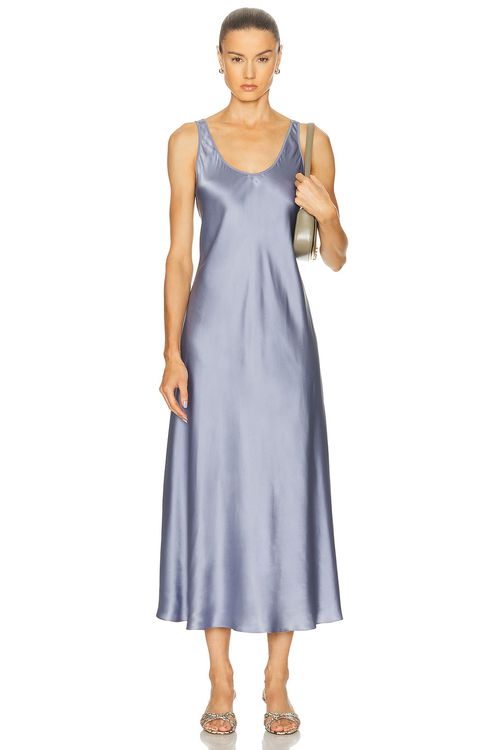 SABLYN Martine Scoop Neck Low Back Dress in Dusty Periwinkle - Slate.  XS also in L