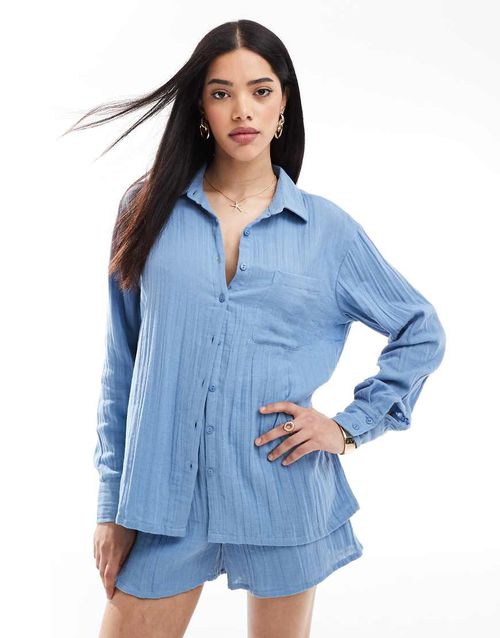 Esmee Exclusive relaxed fit long sleeve beach shirt in dusty blue