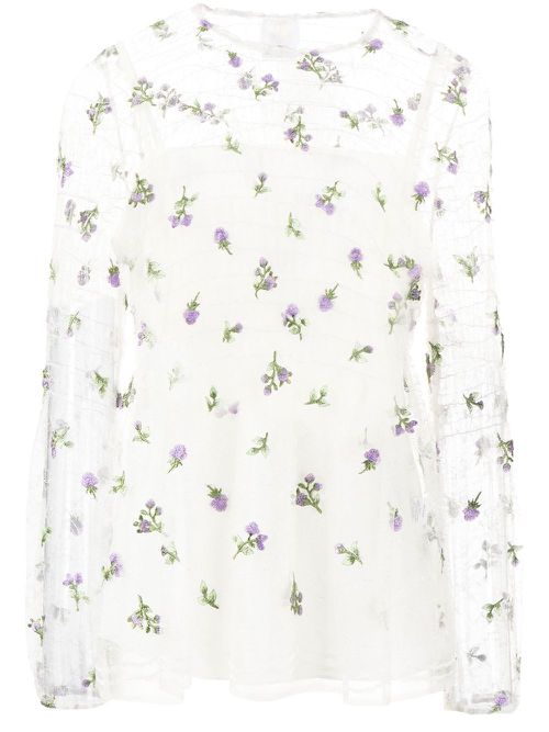 Sheer floral-embroidered blouse - White