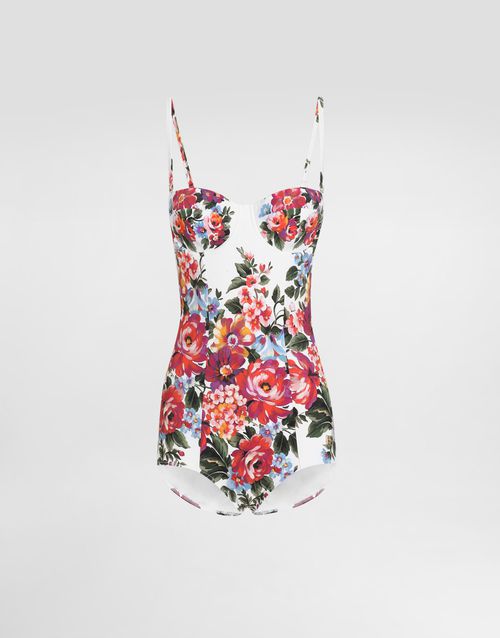 Flower bouquet-print balconette one-piece swimsuit