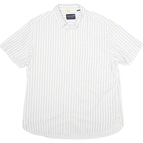 NAUTICA Mens White & Blue Striped Casual Shirt L Cotton Blend Short Sleeve