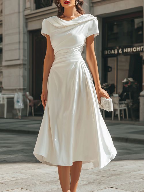 Draped Asymmetric Midi Dress - White