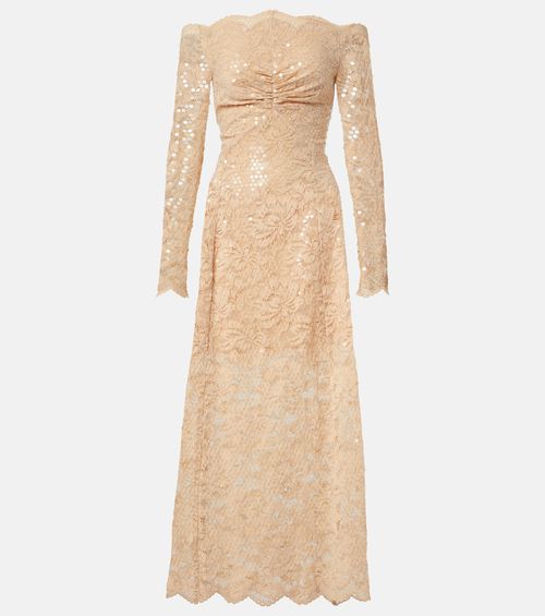 Sequined off-shoulder lace maxi dress