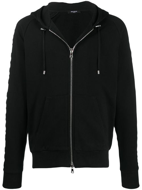 Embossed logo-panel zipped hoodie - Black
