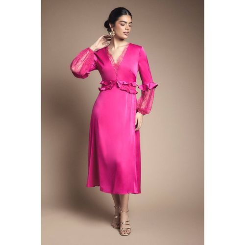 Oasis Women's Lace Sleeve Frill Waist V Neck Midi Dress in Fuchsia