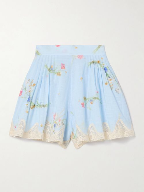 Lucky Lace-trimmed Pleated Floral-print Cotton-voile Shorts - Blue