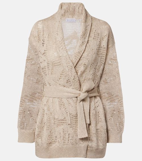 Open-knit linen and cotton wrap cardigan