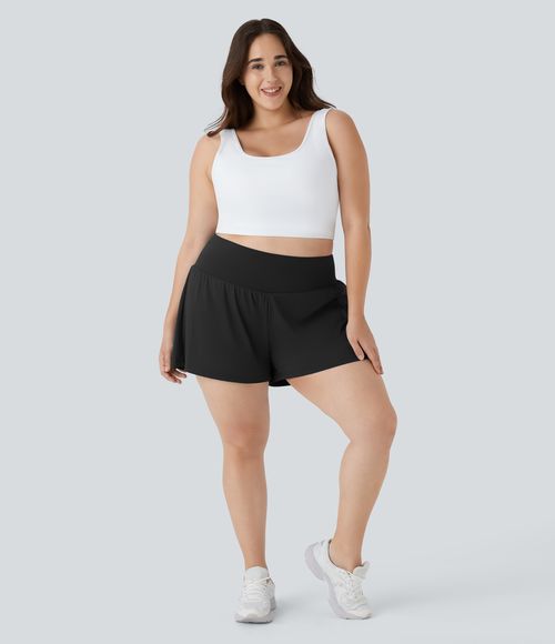 Super High Waisted Pocket & Pocket 2-in-1 Yoga Plus Size Shorts 4''-Longer Length Gym Short - Black