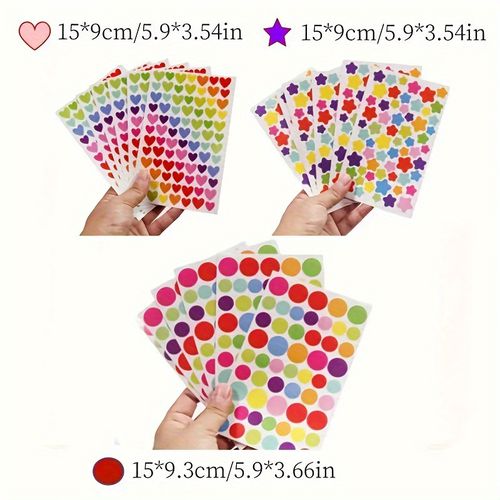 TEMU 18 Sheets, 1512 Count Colorful Heart, Star, And Dot Stickers - Paper Adhesive Seals For Scrapbooking And Diy Crafts, Single Use, Glossy Finish