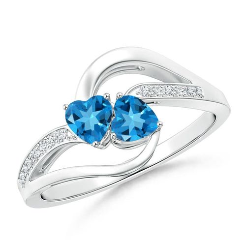 Angara 0.64 Carat Two Stone Heart Swiss Blue Topaz Bypass Ring with Diamonds in Silver