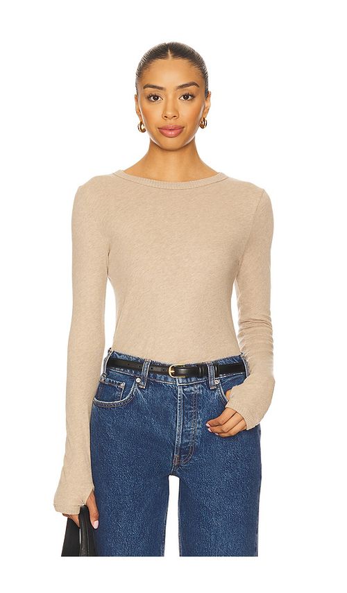 Enza Costa New Classic Long Sleeve Crew Top in Beige. L. Also in