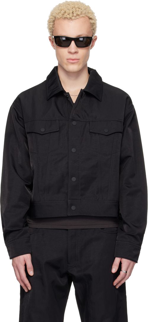 Black Textured Nylon Trucker Jacket